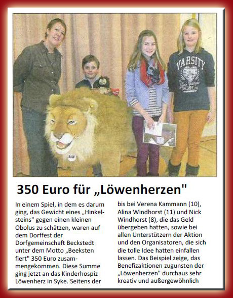 Erlös vom Beckstedte Dorffest 2012 geht an das Kinderhospiz Löwenherz