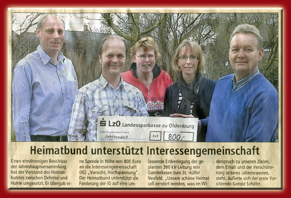 Heimatbund zwischen Dehmse und Hunte spendet 800 Euro an die IG Vorsicht-Hochspannung